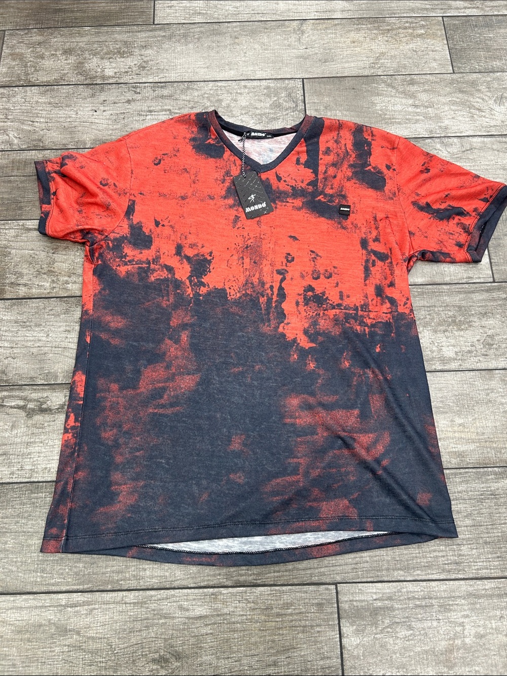 Mondo Men's V-Neck Short Sleeve Tee - Red and Black Tie-Dye NWT